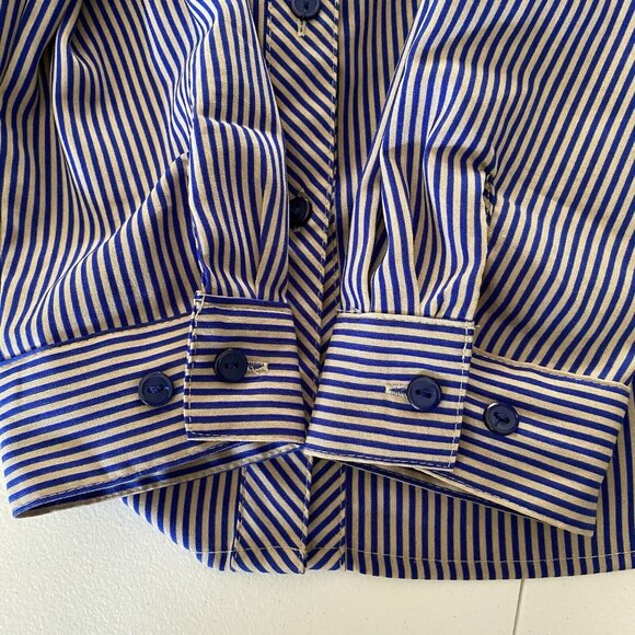 Elementz Blouse Size Medium Tan Blue Striped Roll Tab Sleeves Pockets - Picture 10 of 10
